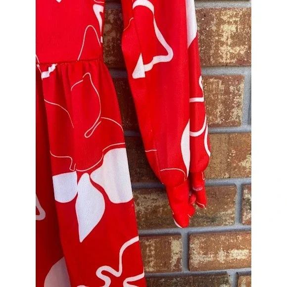 Vintage Bleeker Street Red White Floral Midi Dress 70s ILGWU Jonathan Logan - Picture 5 of 6